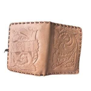 Hand Tooled leather handmade wallet soft carved tan natural vintage unique gift